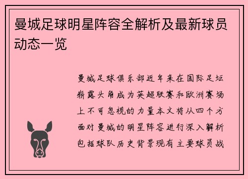 曼城足球明星阵容全解析及最新球员动态一览